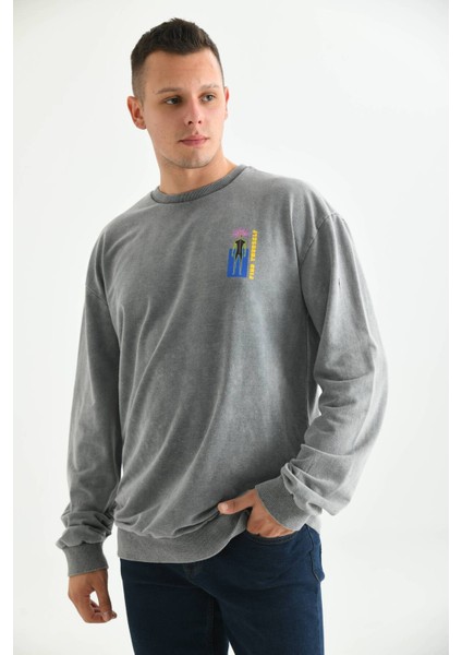 Erkek Gri Asit Yıkama Sırt Baskı Detaylı Sweatshirt