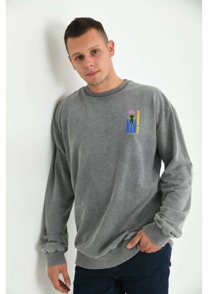 Erkek Gri Asit Yıkama Sırt Baskı Detaylı Sweatshirt