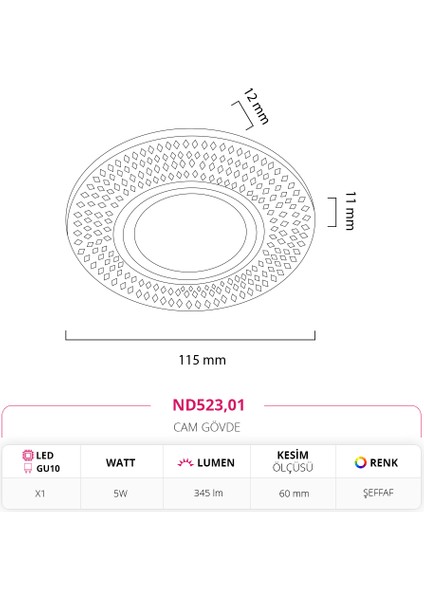 Sıva Altı Çerçeve Ledli Cam 3000K Gün Işığı Spot ND523 modelleri