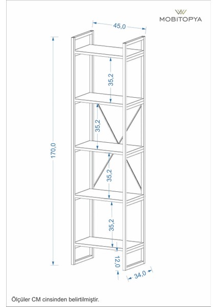 Nilamu 45 cm Kitaplık / Metal Aksamlı / Açık Raf / Organizer / Ofis / Ev / 5 Raflı Kitaplık