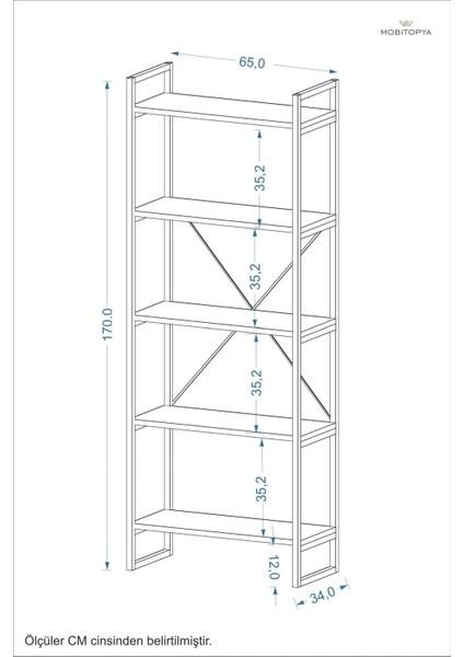 Nilamu 65 cm Antrasit Kitaplık / Metal Aksamlı / Açık Raf / Organizer / Ofis / Ev / 5 Raflı Kitaplık