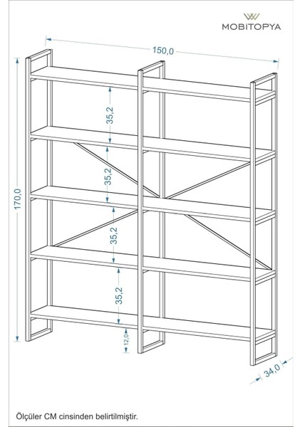 Nilamu 150 cm Kitaplık / Metal Aksamlı / Açık Raf / Organizer / Ofis / Ev / 5 Raflı Kitaplık