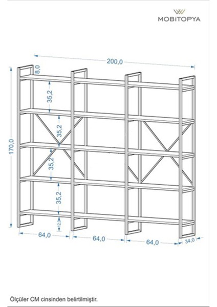 Nilamu Antrasit 200 cm Kitaplık Metal Aksamlı Organizer Ofis Ev 5 Raflı Kitaplık