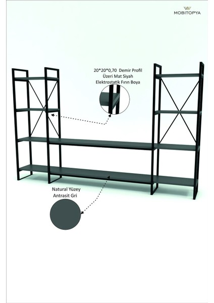 Nilamu 200 cm Tv Ünitesi / Metal Aksamlı / Açık Raf / Kitaplık / Organizer / Ofis / Ev / Salon / Tv Sehpası / Dekoratif