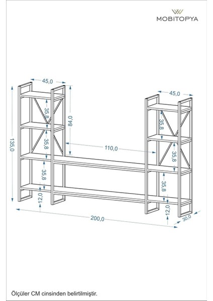 Nilamu 200 cm Tv Ünitesi / Metal Aksamlı / Açık Raf / Kitaplık / Organizer / Ofis / Ev / Salon / Tv Sehpası / Dekoratif