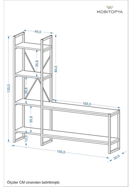 Nilamu 150 cm Tv Ünitesi / Metal Aksamlı / Açık Raf / Kitaplık / Organizer / Ofis / Ev / Salon / Tv Sehpası / Dekoratif