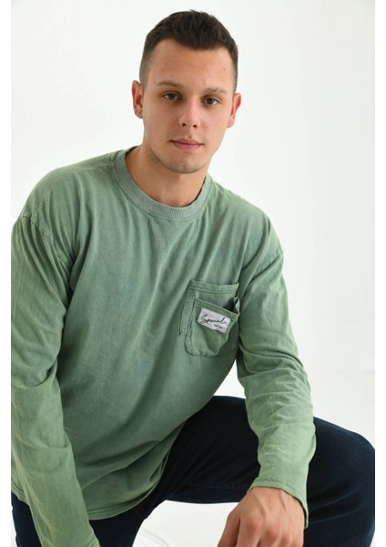Erkek Yeşil Special Baskı Asit Yıkamalı Cep Detay Uzun Kol T-Shirt