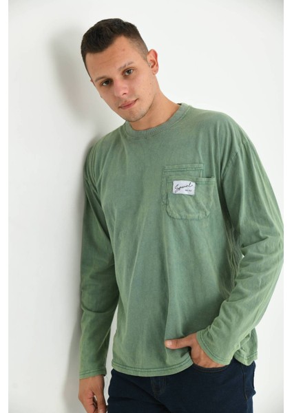 Erkek Yeşil Special Baskı Asit Yıkamalı Cep Detay Uzun Kol T-Shirt fiyatları