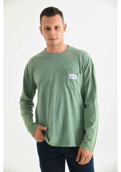 Erkek Yeşil Special Baskı Asit Yıkamalı Cep Detay Uzun Kol T-Shirt fırsatları