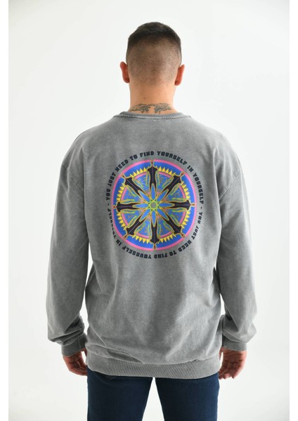 Erkek Gri Asit Yıkama Sırt Baskı Detaylı Sweatshirt fırsatları