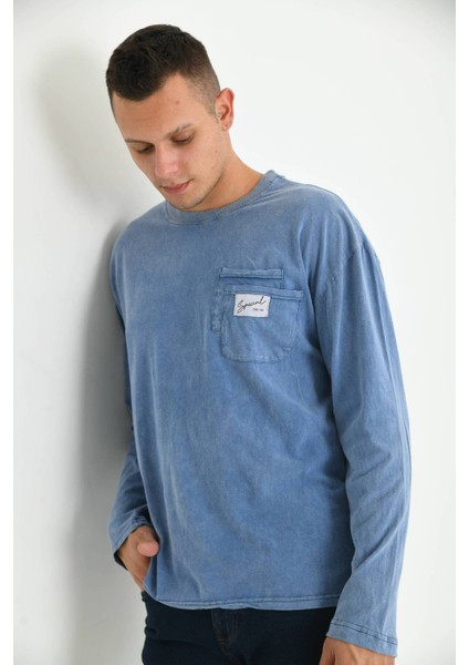 Erkek Indigo Special Baskı Asit Yıkamalı Cep Detay Uzun Kol T-Shirt