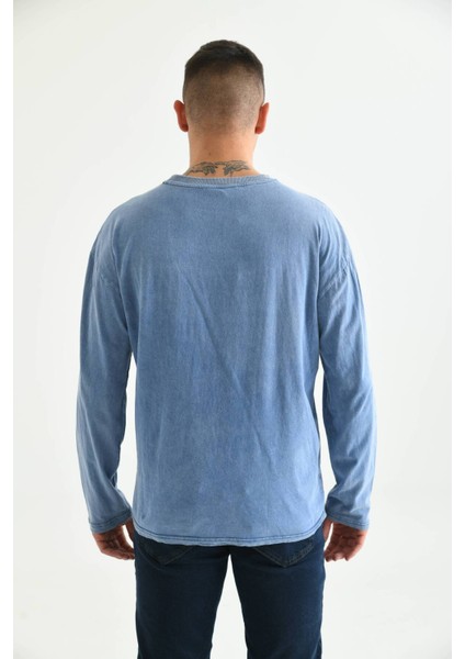 Erkek Indigo Special Baskı Asit Yıkamalı Cep Detay Uzun Kol T-Shirt