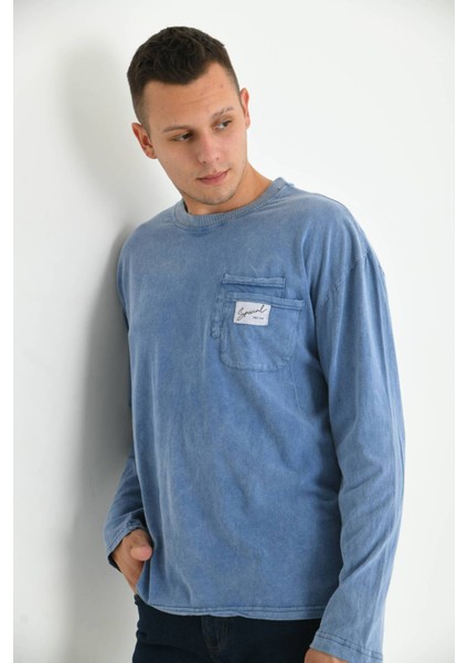 Erkek Indigo Special Baskı Asit Yıkamalı Cep Detay Uzun Kol T-Shirt