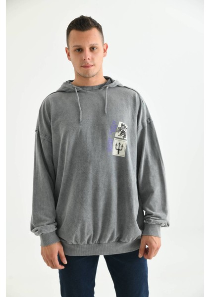 Antrasit Erkek Kapüşonlu Ocean Baskı Detay Sweatshirt fiyatları