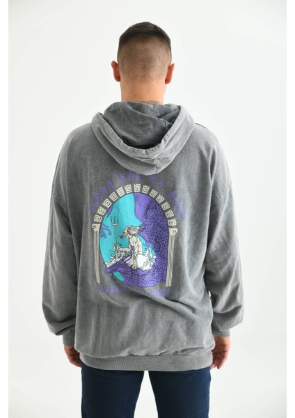 Antrasit Erkek Kapüşonlu Ocean Baskı Detay Sweatshirt modelleri