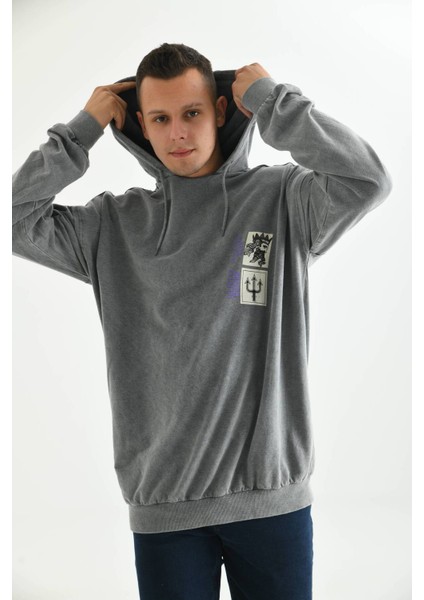 Antrasit Erkek Kapüşonlu Ocean Baskı Detay Sweatshirt indirimleri