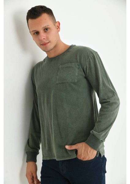Erkek Haki Asit Yıkamalı Cep Detay Uzun Kolu T-Shirt