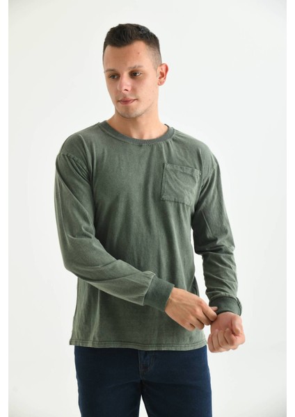 Erkek Haki Asit Yıkamalı Cep Detay Uzun Kolu T-Shirt modelleri