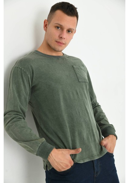 Erkek Haki Asit Yıkamalı Cep Detay Uzun Kolu T-Shirt fırsatları