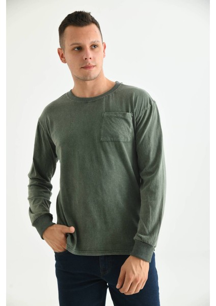 Erkek Haki Asit Yıkamalı Cep Detay Uzun Kolu T-Shirt indirimleri