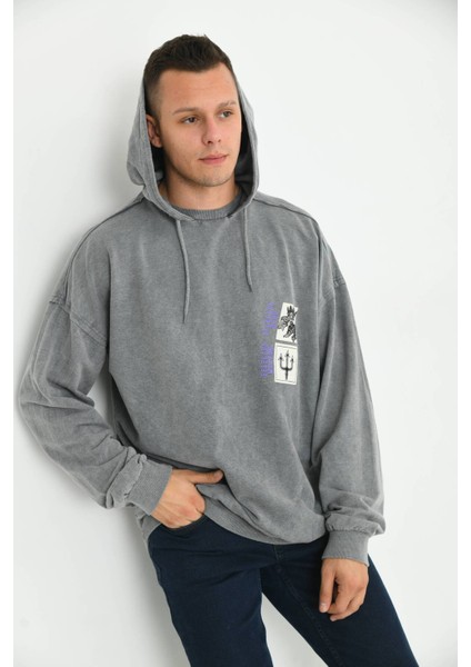 Antrasit Erkek Kapüşonlu Ocean Baskı Detay Sweatshirt