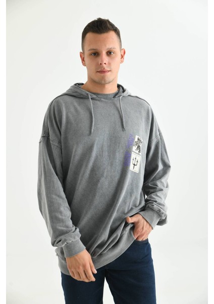 Antrasit Erkek Kapüşonlu Ocean Baskı Detay Sweatshirt