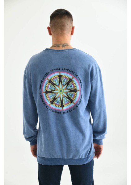 Erkek Mavi Asit Yıkama Sırt Baskı Detaylı Sweatshirtt fırsatları