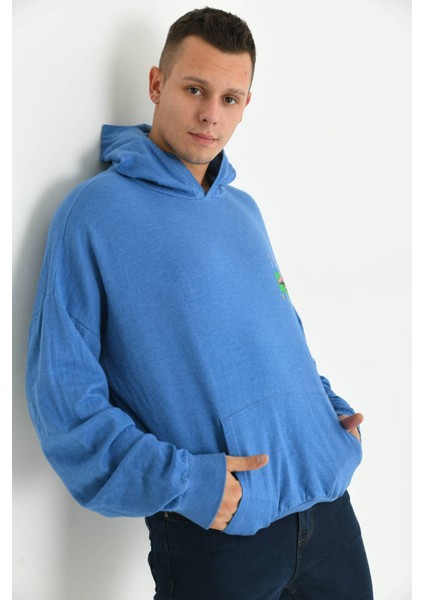 Erkek Mavi Oversize Kapüşonlu Sırt Baskılı Yıkamalı Sweatshirt