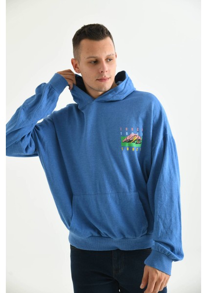 Erkek Mavi Oversize Kapüşonlu Sırt Baskılı Yıkamalı Sweatshirt