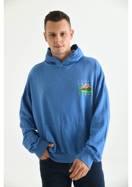 Erkek Mavi Oversize Kapüşonlu Sırt Baskılı Yıkamalı Sweatshirt