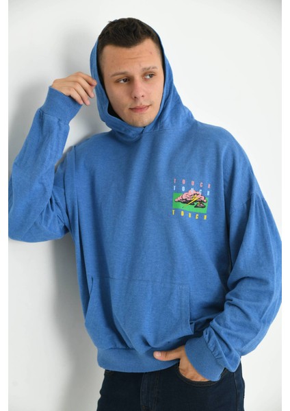 Erkek Mavi Oversize Kapüşonlu Sırt Baskılı Yıkamalı Sweatshirt modelleri