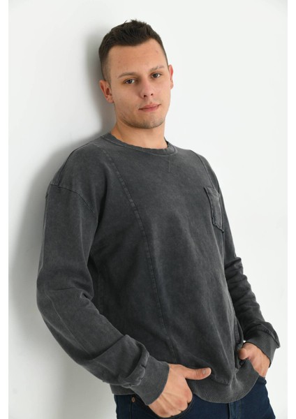 Erkek Antrasit Cep ve Dikiş Detay Asit Yıkamalı Sweatshirt