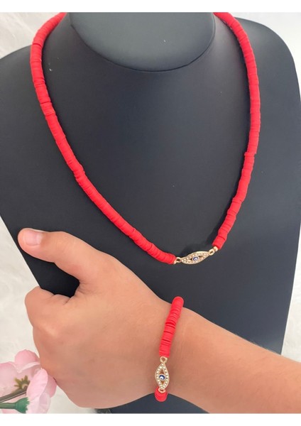 Fimo Boncuk Altın Kaplama Nazar Boncuklu Göz Kolye Bileklik Takım