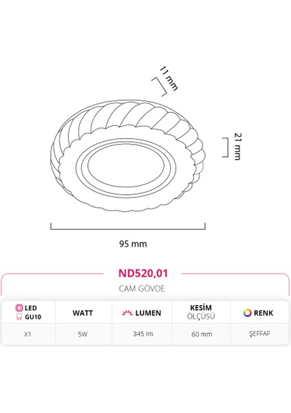 Sıva Altı Çerçeve Ledli Cam Spot 6500K Beyaz Işık ND520 modelleri