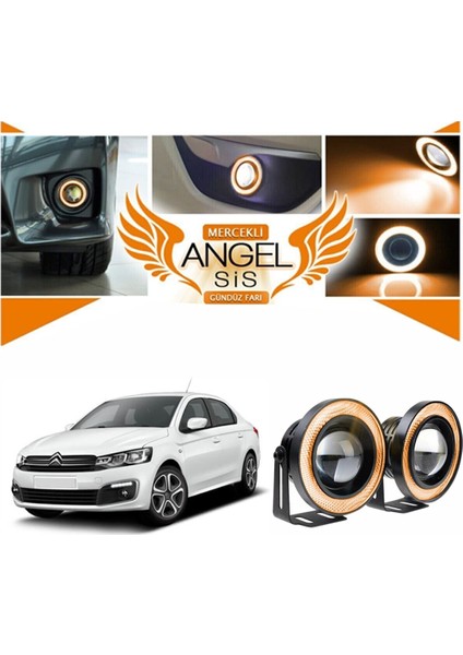 Citroen C Elysee Uyumlu, Universal Mercekli LED Angel Sis Farı, 76MM Turuncu Renk