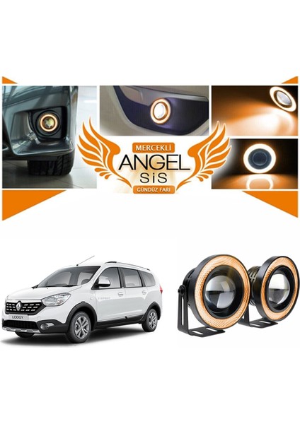 Dacia Lodgy Uyumlu, Universal Mercekli LED Angel Sis Farı, 76MM Turuncu Renk