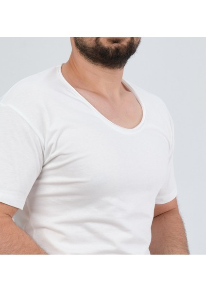 Erkek Beyaz Geniş Yaka %100 Pamuk Over Size T-Shirt