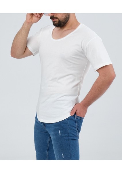 Erkek Beyaz Geniş Yaka %100 Pamuk Over Size T-Shirt