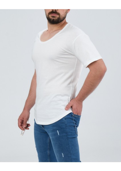 Erkek Beyaz Geniş Yaka %100 Pamuk Over Size T-Shirt
