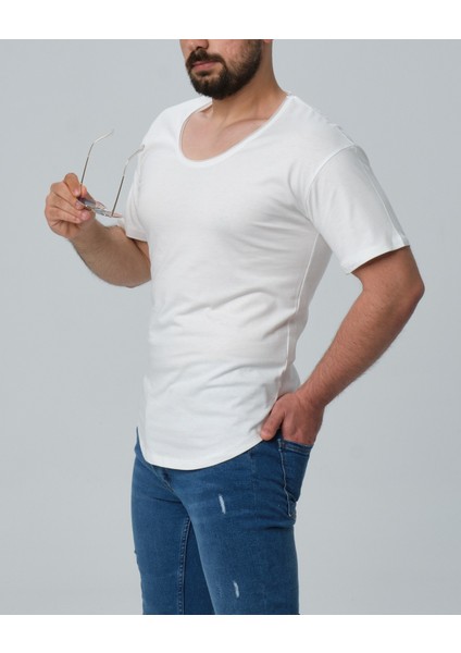 Erkek Beyaz Geniş Yaka %100 Pamuk Over Size T-Shirt