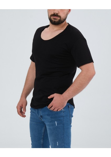 Erkek Beyaz Geniş Yaka %100 Pamuk Over Size T-Shirt