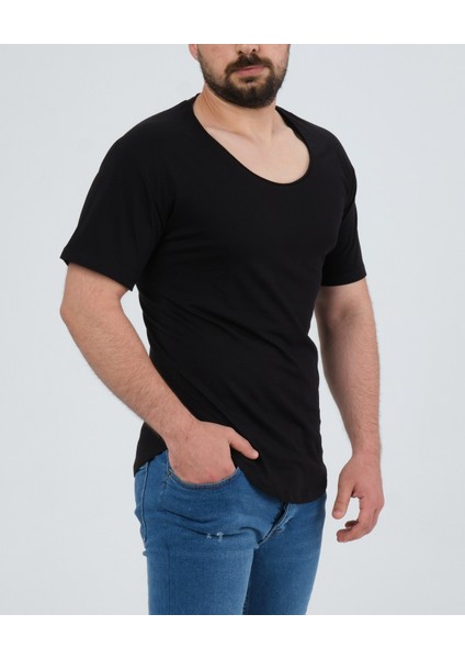 Erkek Beyaz Geniş Yaka %100 Pamuk Over Size T-Shirt