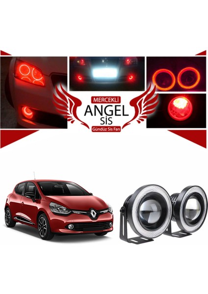 Renault Clio 4 Uyumlu, Universal Mercekli LED Angel Sis Farı, 76MM Kırmızı Renk