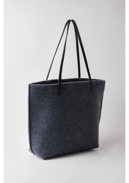 Kadın Gri Büyük Boy Keçe Kumaş Shopper Tote Omuz Çantası