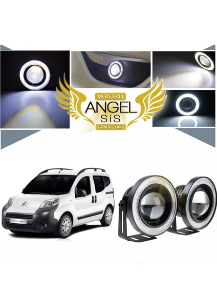Citroën Nemo Uyumlu, Universal Mercekli LED Angel Sis Farı, 76MM Beyaz Renk