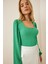 Kadın Yeşil Balon Kol Dokulu Kare Yaka Trend Örme Bluz HZL23W-BD104421 4