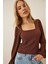 Kadın Çikolata Balon Kol Dokulu Kare Yaka Trend Örme Bluz HZL23W-BD104421 2