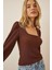 Kadın Çikolata Balon Kol Dokulu Kare Yaka Trend Örme Bluz HZL23W-BD104421 3