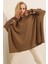 Kadın Sütlü Kahve Oversize Yırtmaçlı Panço Triko Kazak HZL23W-BD1100761 1