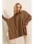 Kadın Sütlü Kahve Oversize Yırtmaçlı Panço Triko Kazak HZL23W-BD1100761 4